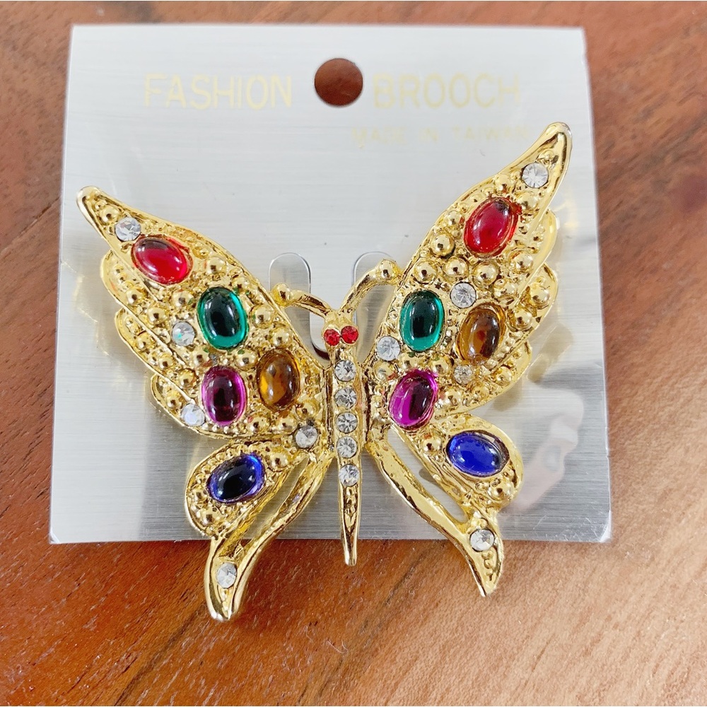 Beautiful Gold Tone Classic Colorful Rhinestone Crystal Butterfly Brooch - Picture 4 of 7